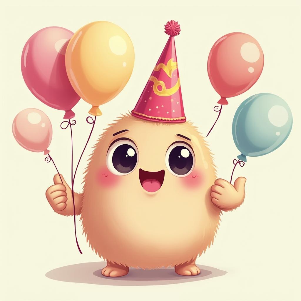 Kawaii thumbs-up character with big eyes and party hat, surrounded by balloons