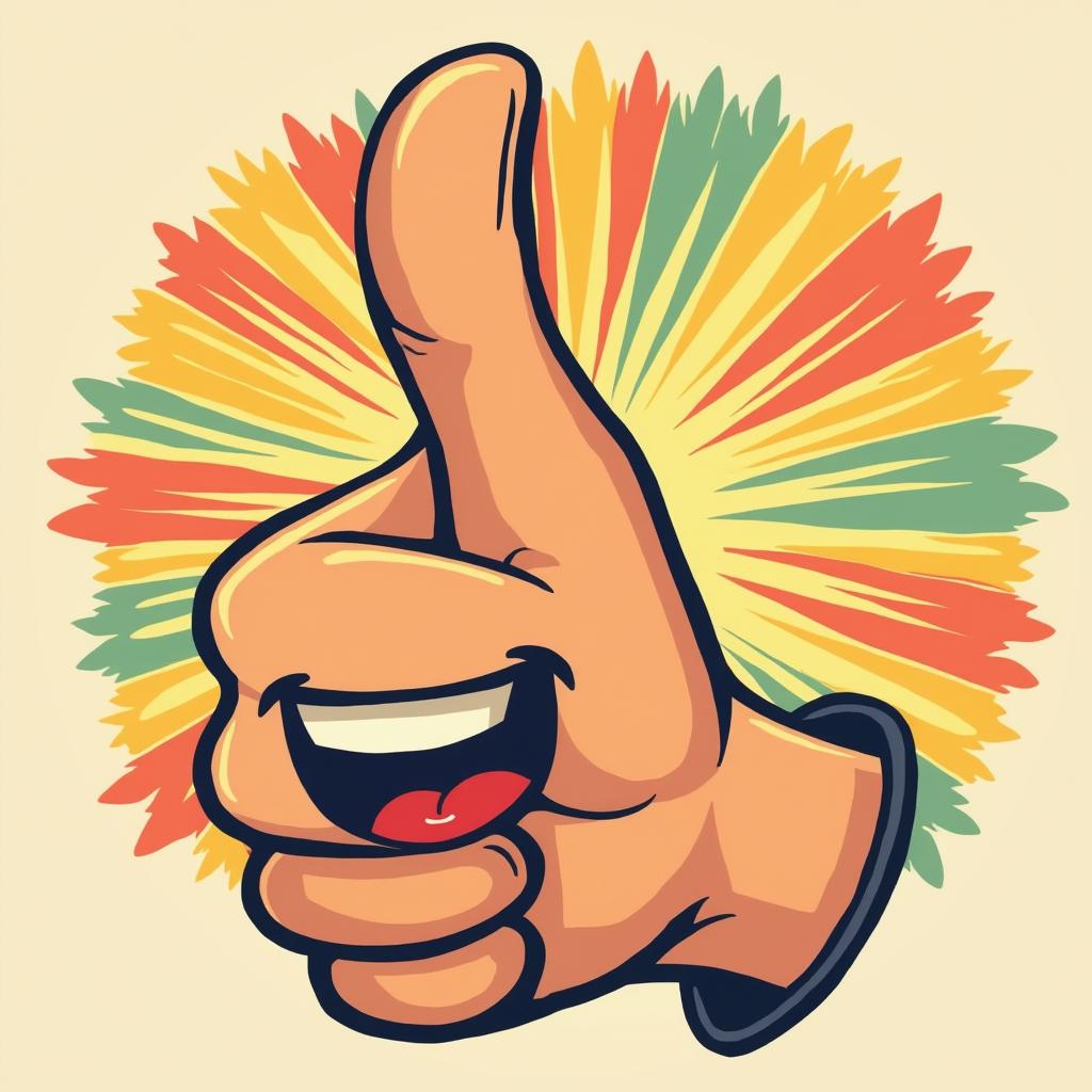 Cartoon thumbs-up hand with a big grin and colorful burst background