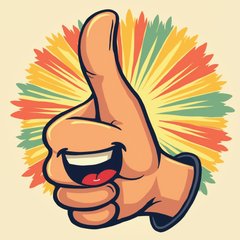 Cartoon thumbs-up hand with a big grin and colorful burst background