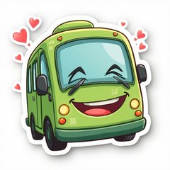 Emoji-style green bus with a joyful face and hearts