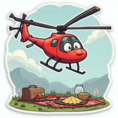 Meme helicopter with funny face hovering above a picnic