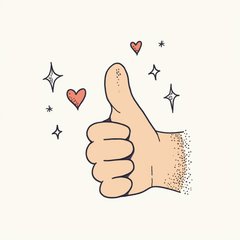 Doodle-style thumbs-up hand with stars and hearts around it