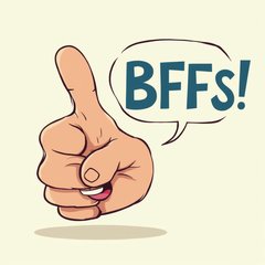 Cartoon thumbs-up hand with a smile and 'BFFs!' speech bubble
