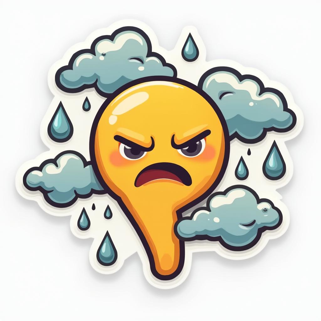 Emoji-style thumbs-down with a frowning face and rain clouds