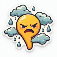 Emoji-style thumbs-down with a frowning face and rain clouds