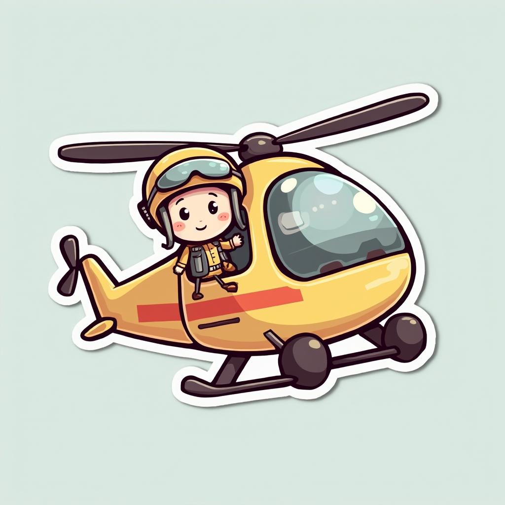 Chibi helicopter with big eyes and tiny pilot waving in the air