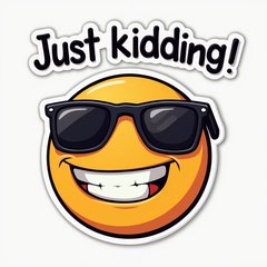 Meme-style winking face with sunglasses and 'Just kidding!' caption