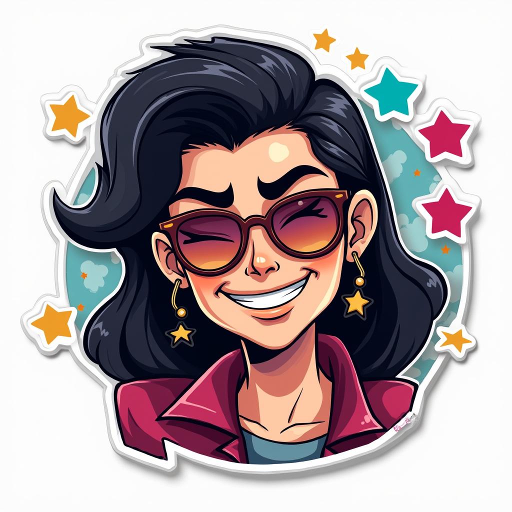 Pop culture character winking with sunglasses and stars