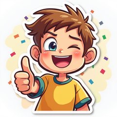 Cartoon character winking and giving a thumbs-up with confetti