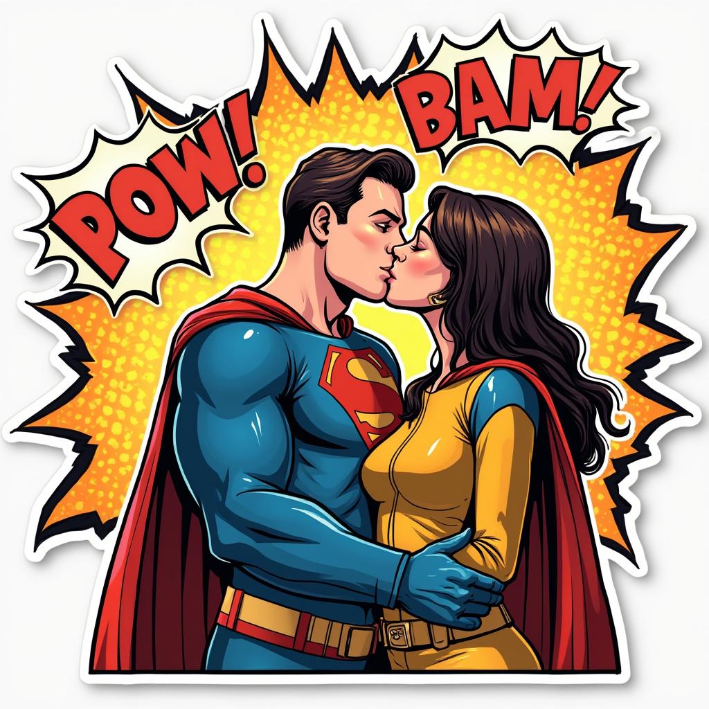 Comic book-style superhero and sidekick sharing a kiss with action words