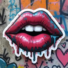 Graffiti-style sticker of colorful lips kissing with street art background
