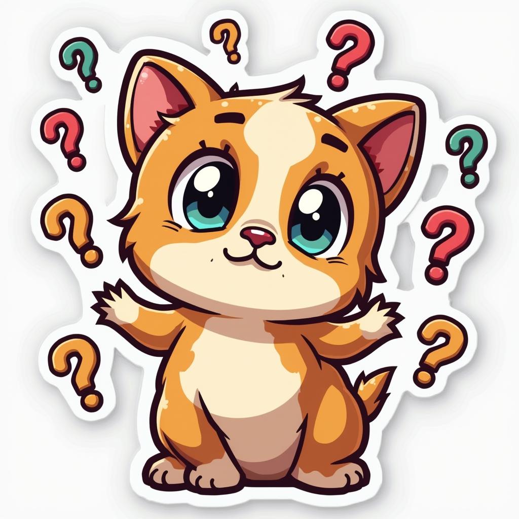 Cartoon animal with puzzled face surrounded by question marks