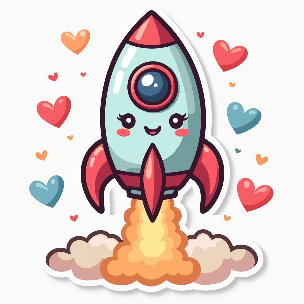 Kawaii rocket with big eyes and smile among clouds and hearts