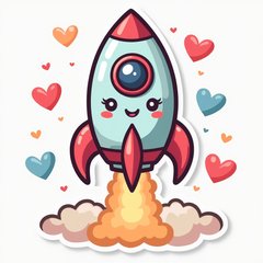 Kawaii rocket with big eyes and smile among clouds and hearts