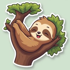 Emoji-style sleepy sloth hanging from a tree branch