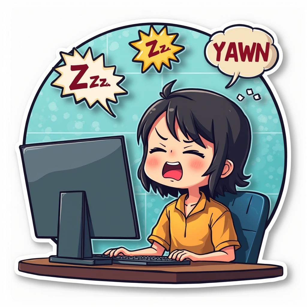 Comic book character dozing in front of a computer with sound effects