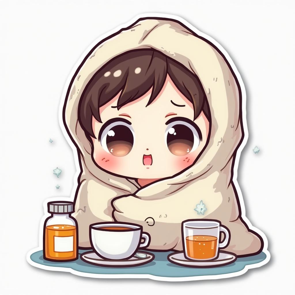 Kawaii sick character wrapped in a blanket with teary eyes and tea