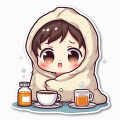Kawaii sick character wrapped in a blanket with teary eyes and tea