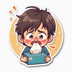 Cartoon character sneezing with a runny nose and tissues