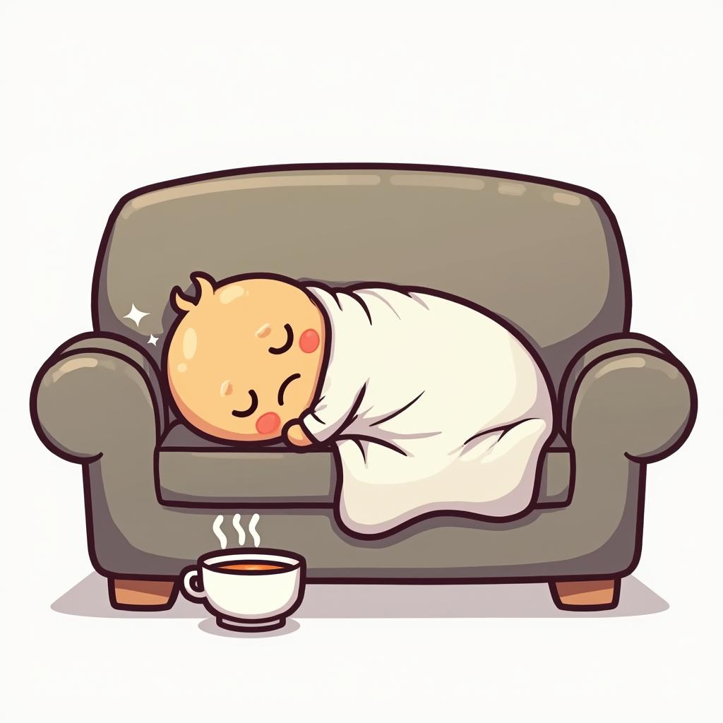 Emoji-style couch with a sick character lying down and soup