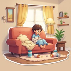 3D rendered cozy living room with a sick character on a couch