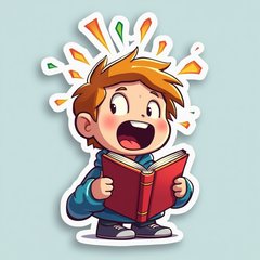 3D character with amazed expression holding a book and colorful light beams