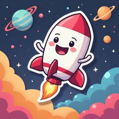Chibi rocket with arms and legs floating among planets