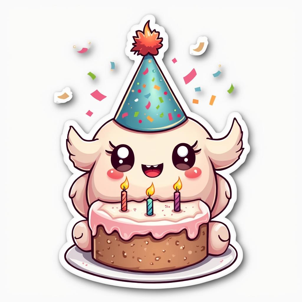 Kawaii sticker of a cute party hat character with confetti and a cake.