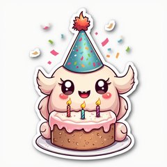 Kawaii sticker of a cute party hat character with confetti and a cake.