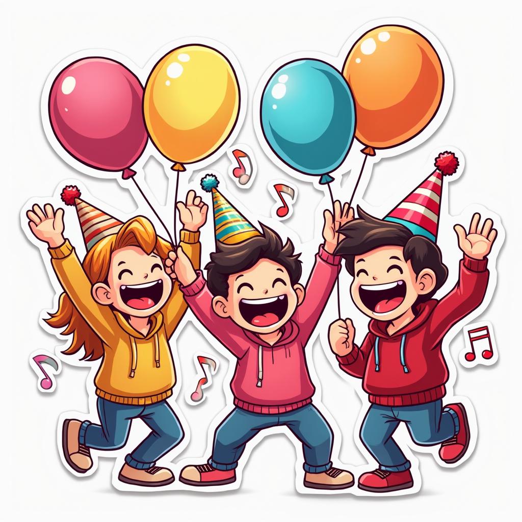 Cartoon sticker of a vibrant party scene with dancing characters and balloons.