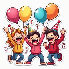 Cartoon sticker of a vibrant party scene with dancing characters and balloons.