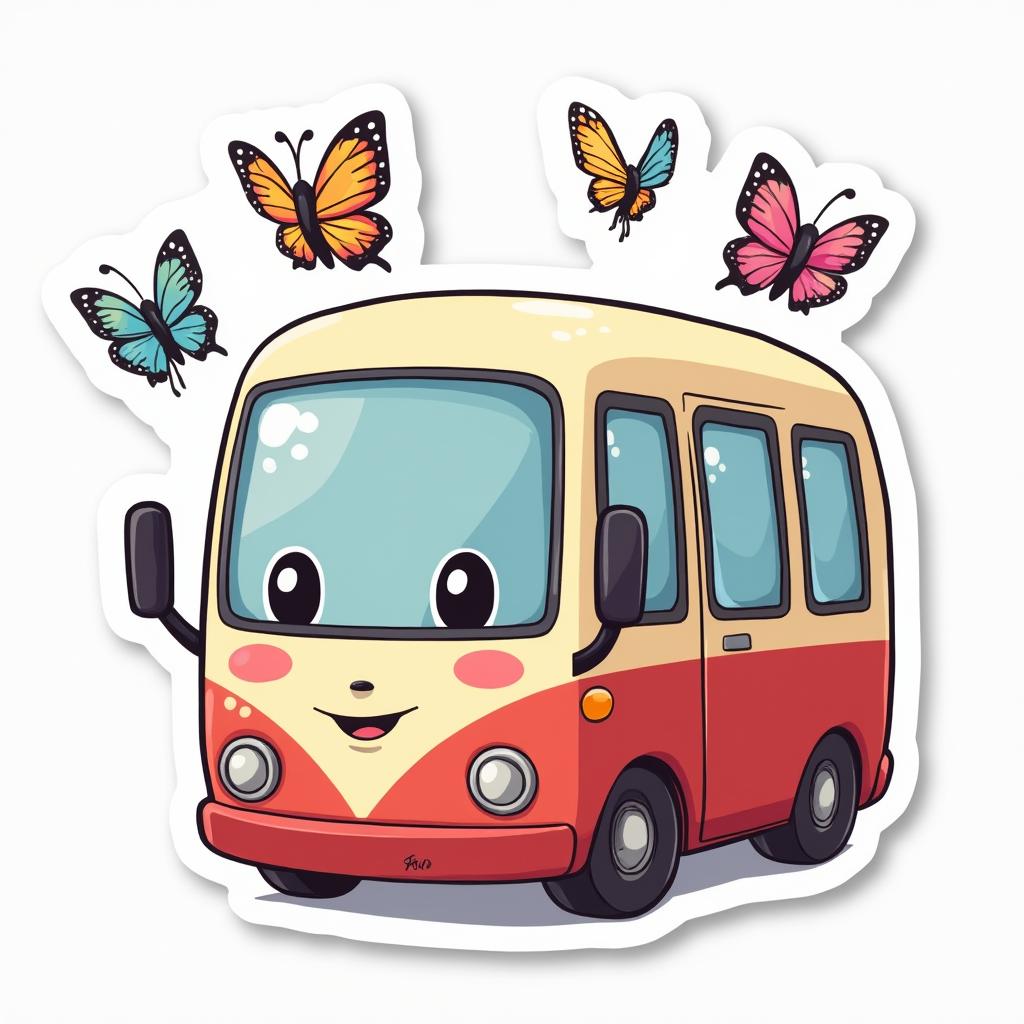 Chibi bus character with rosy cheeks waving and butterflies