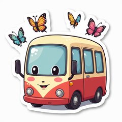 Chibi bus character with rosy cheeks waving and butterflies