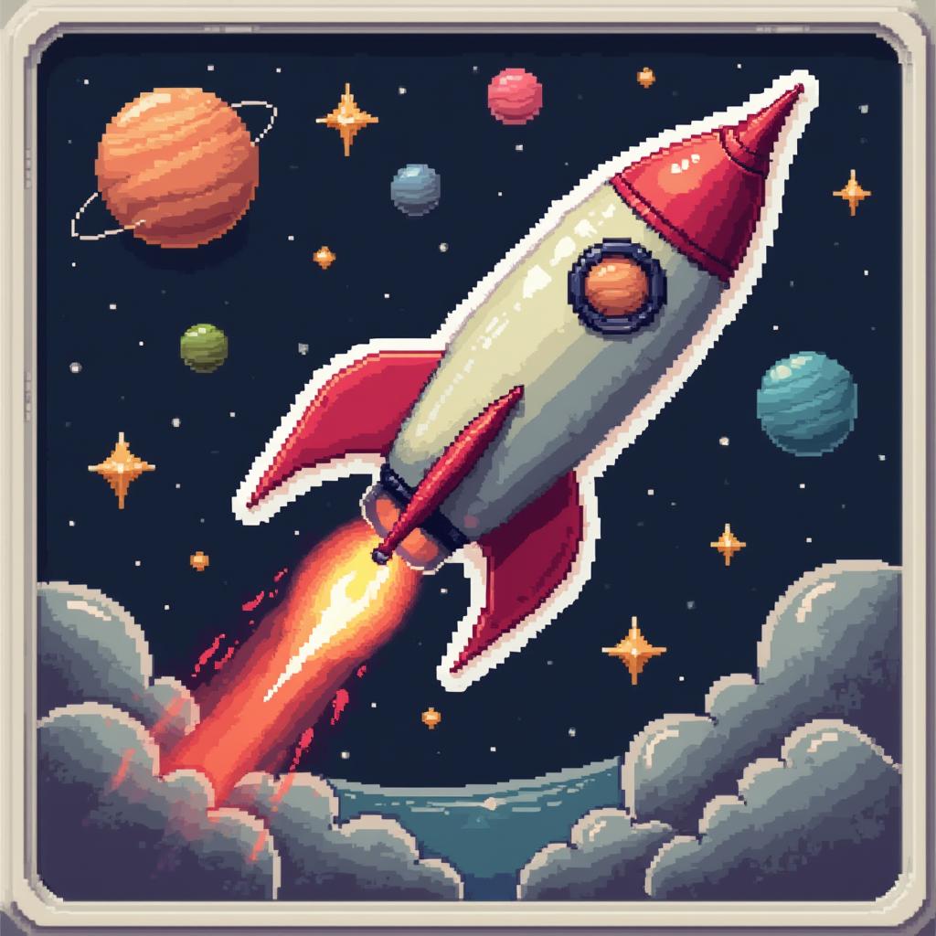 Pixel art rocket traveling through a retro space scene