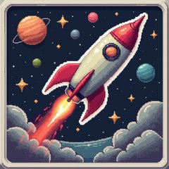 Pixel art rocket traveling through a retro space scene