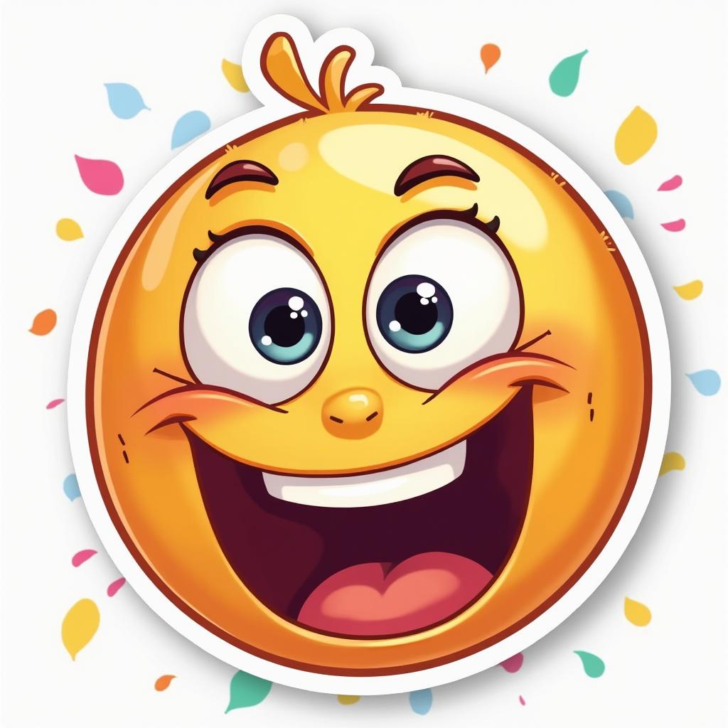 Emoji-style silly face with googly eyes and confetti