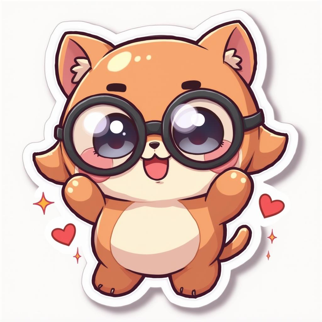 Kawaii character with big glasses and silly pose surrounded by hearts