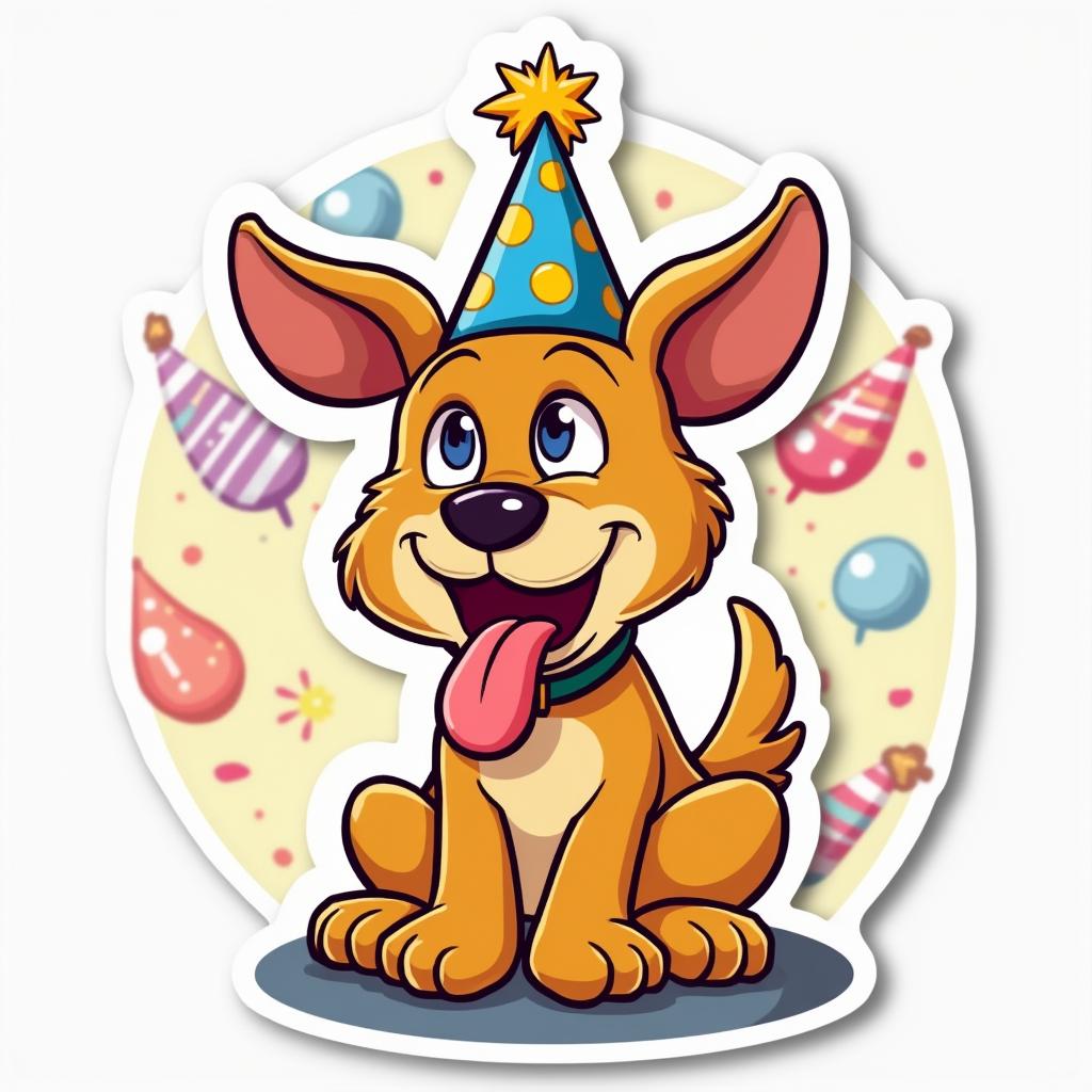 Cartoon dog with party hat and tongue out in a colorful background