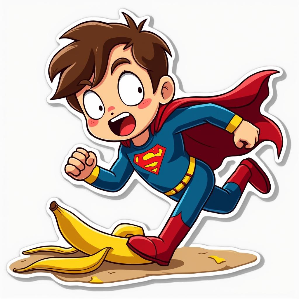 Silly superhero tripping over banana peel with surprised face