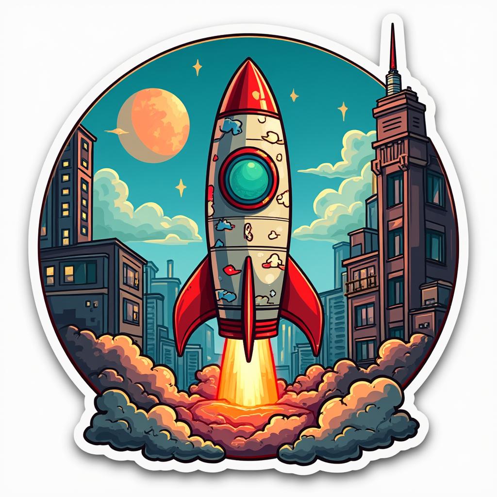 Pop culture rocket with graffiti designs blasting off in urban setting