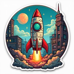 Pop culture rocket with graffiti designs blasting off in urban setting