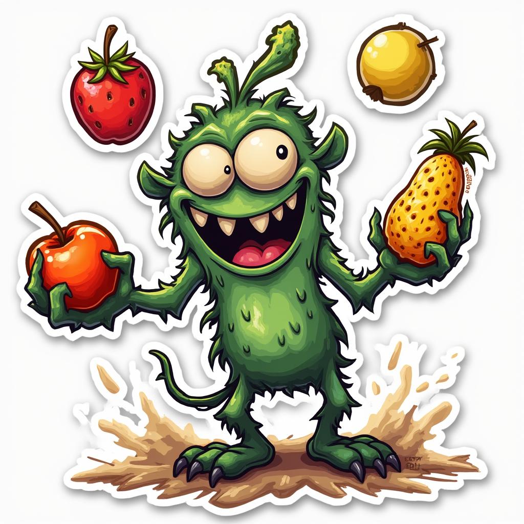 Doodle-style silly monster juggling fruits with a big smile
