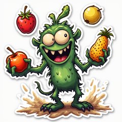 Doodle-style silly monster juggling fruits with a big smile