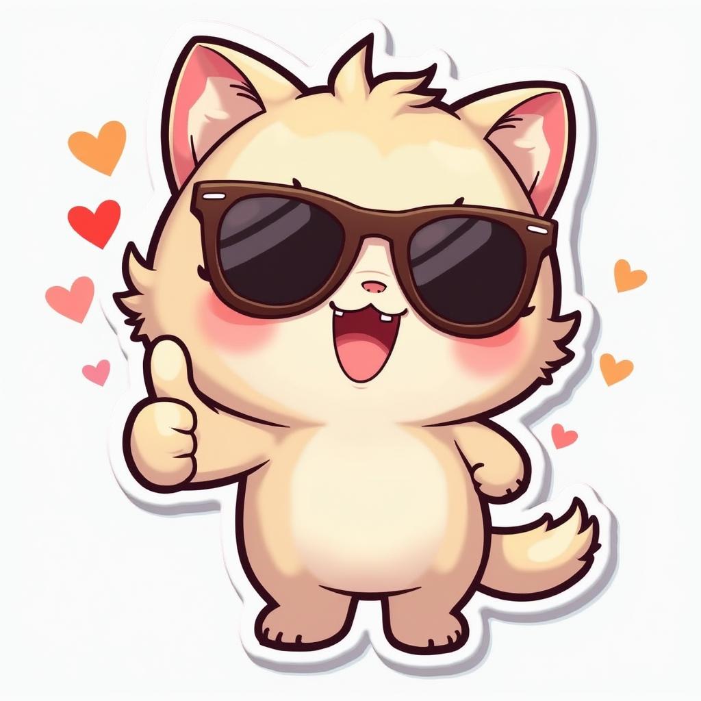 Kawaii character with oversized sunglasses and thumbs up with hearts