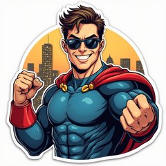 Pop culture superhero in sunglasses posing confidently with city skyline