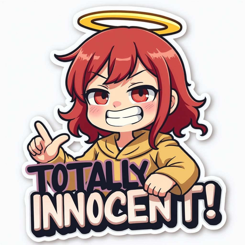 Meme character with a halo and smirk, captioned 'Totally Innocent!'.