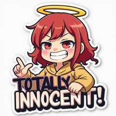 Meme character with a halo and smirk, captioned 'Totally Innocent!'.