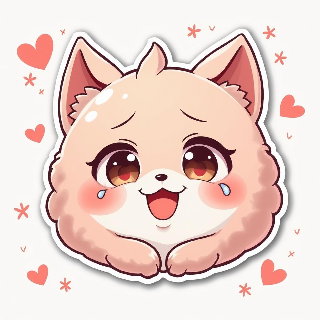 Kawaii character with big eyes and tears of joy, surrounded by hearts