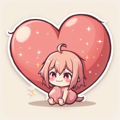 Chibi character blushing and hiding behind a heart