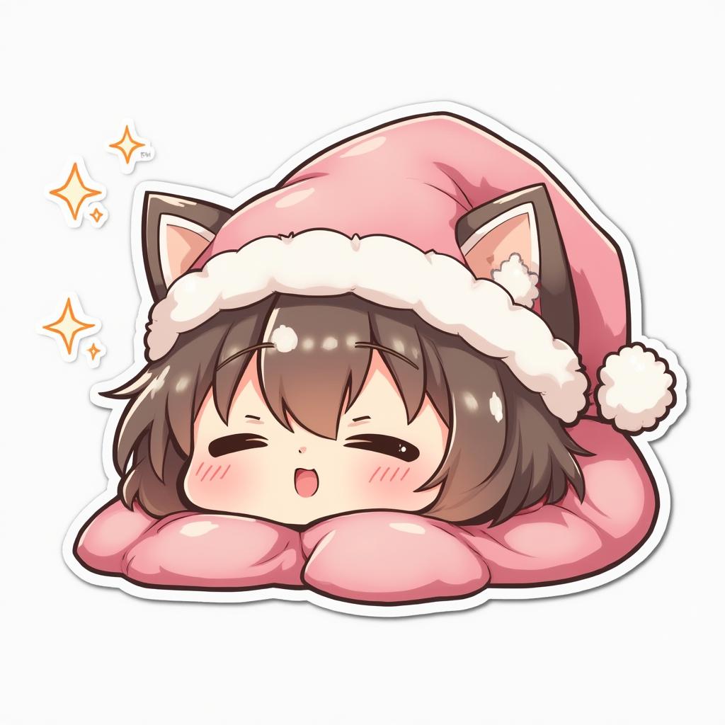 Kawaii character yawning with rosy cheeks and nightcap